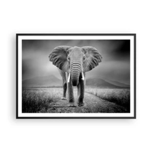 Affiche dans un cadre noir - Poster - Un puissant éléphant dans la savane aux tons monochromes - 100x70cm - Les hôtes vous saluent - Décoration murale moderne pour le salon et la chambre ARTTOR