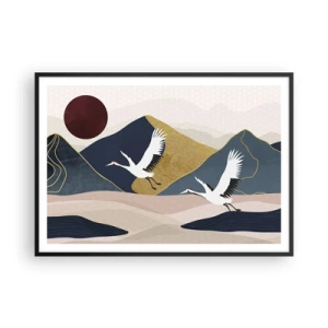 Affiche dans un cadre noir - Poster - Grues en vol sur fond de montagnes et de soleil rouge - 100x70cm - Encore une fois, la journée s'est ÉCOULÉE - Décoration murale moderne pour le salon et la chambre ARTTOR