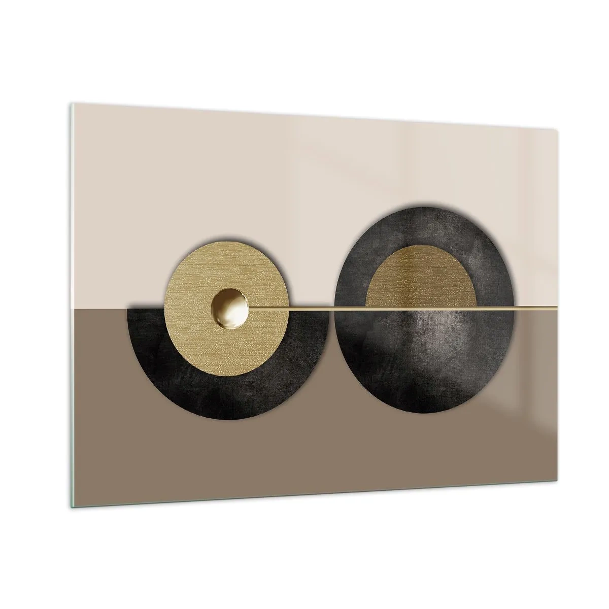 Impression sur verre - Image sur verre - Cercles géométriques en or et noir sur fond beige - 100x70cm - Variations autour du cercle - Décoration murale moderne pour le salon et la chambre ARTTOR