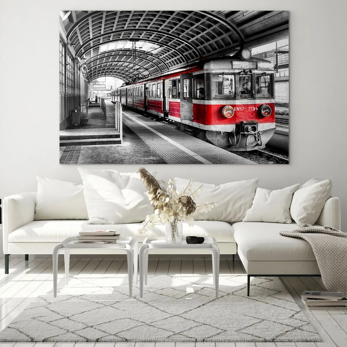 Impression sur verre - Image sur verre - Train rouge à la gare sous un toit - 120x80cm - C'est peut-être le voyage de votre vie ? - Décoration murale moderne pour le salon et la chambre ARTTOR