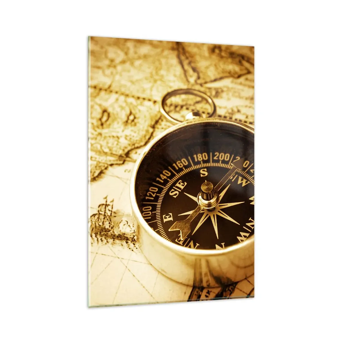 Impression sur verre - Image sur verre - Une boussole antique sur fond d'une vieille carte du monde - 80x120cm - Est ou ouest? - Décoration murale moderne pour le salon et la chambre ARTTOR