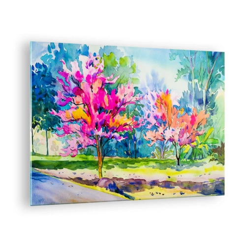 Impression sur verre - Image sur verre - Arbres colorés dans le parc peints avec la technique de l'aquarelle - 70x50cm - Jardin arc-en-ciel à la lumière du printemps - Décoration murale moderne pour le salon et la chambre ARTTOR