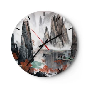 Horloge murale - Pendule murale - Paysage de montagne traditionnel avec brouillard et arbres rouges - 30x30cm - De puissants gardiens - Décoration murale moderne pour le salon, la cuisine et la chambre ARTTOR
