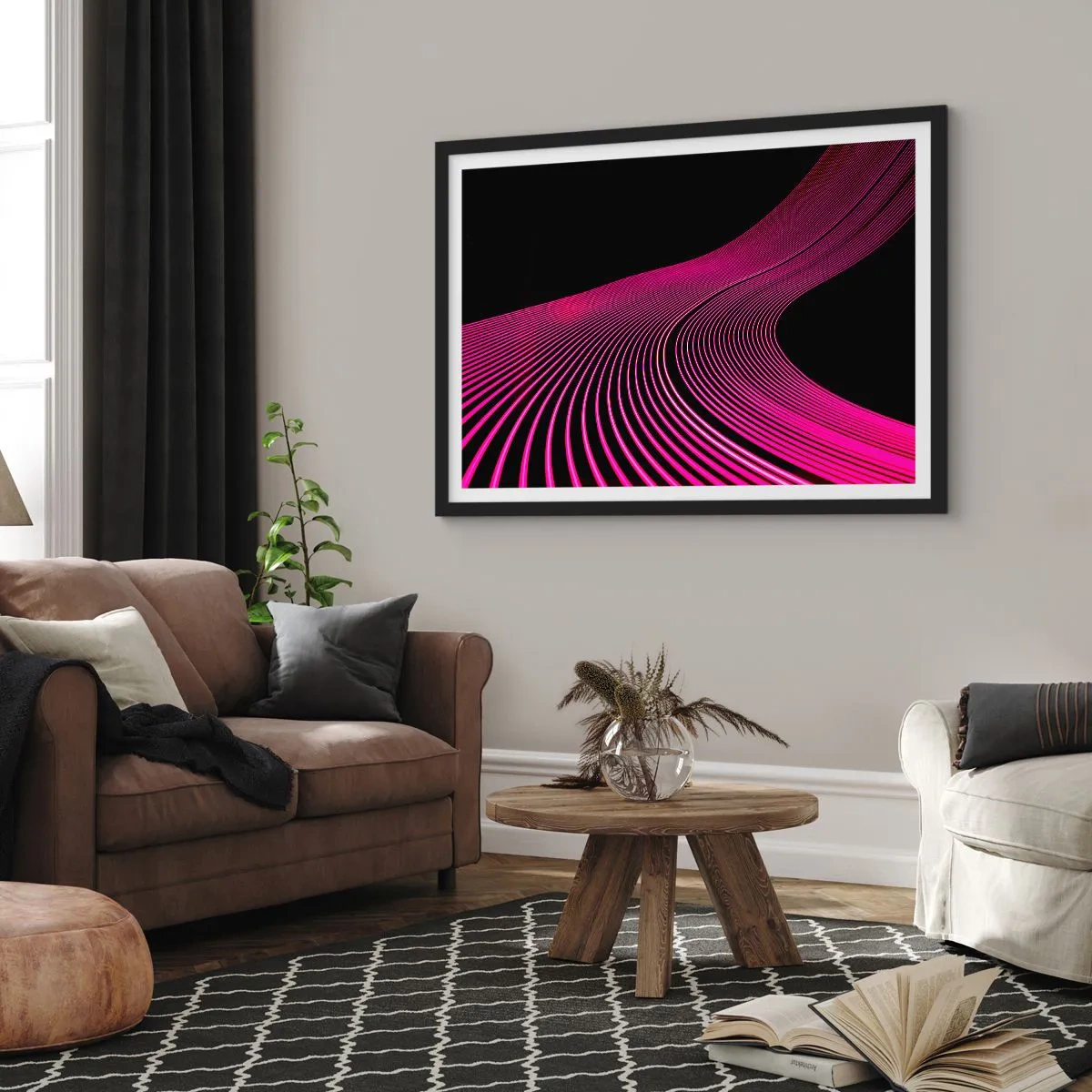 Affiche dans un cadre noir - Poster - Lignes futuristes dans des tons de rose sur fond noir - 100x70cm - Avenue de lumière - Décoration murale moderne pour le salon et la chambre ARTTOR