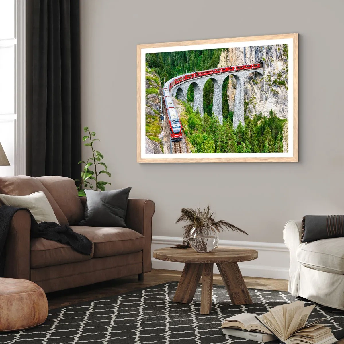 Affiche dans un chêne clair - Poster - Chemin de fer avec vue sur la montagne - 100x70 cm