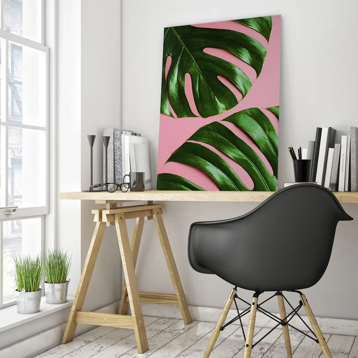 Impression sur verre - Image sur verre - Feuilles de monstera vertes sur fond rose - 50x70cm - Rendez-vous vert - Décoration murale moderne pour le salon et la chambre ARTTOR