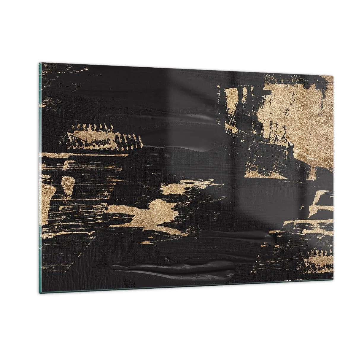 Impression sur verre - Image sur verre - Abstraction noire et dorée avec une texture semblable à un coup de pinceau - 120x80cm - Empreinte du toucher - Décoration murale moderne pour le salon et la chambre ARTTOR