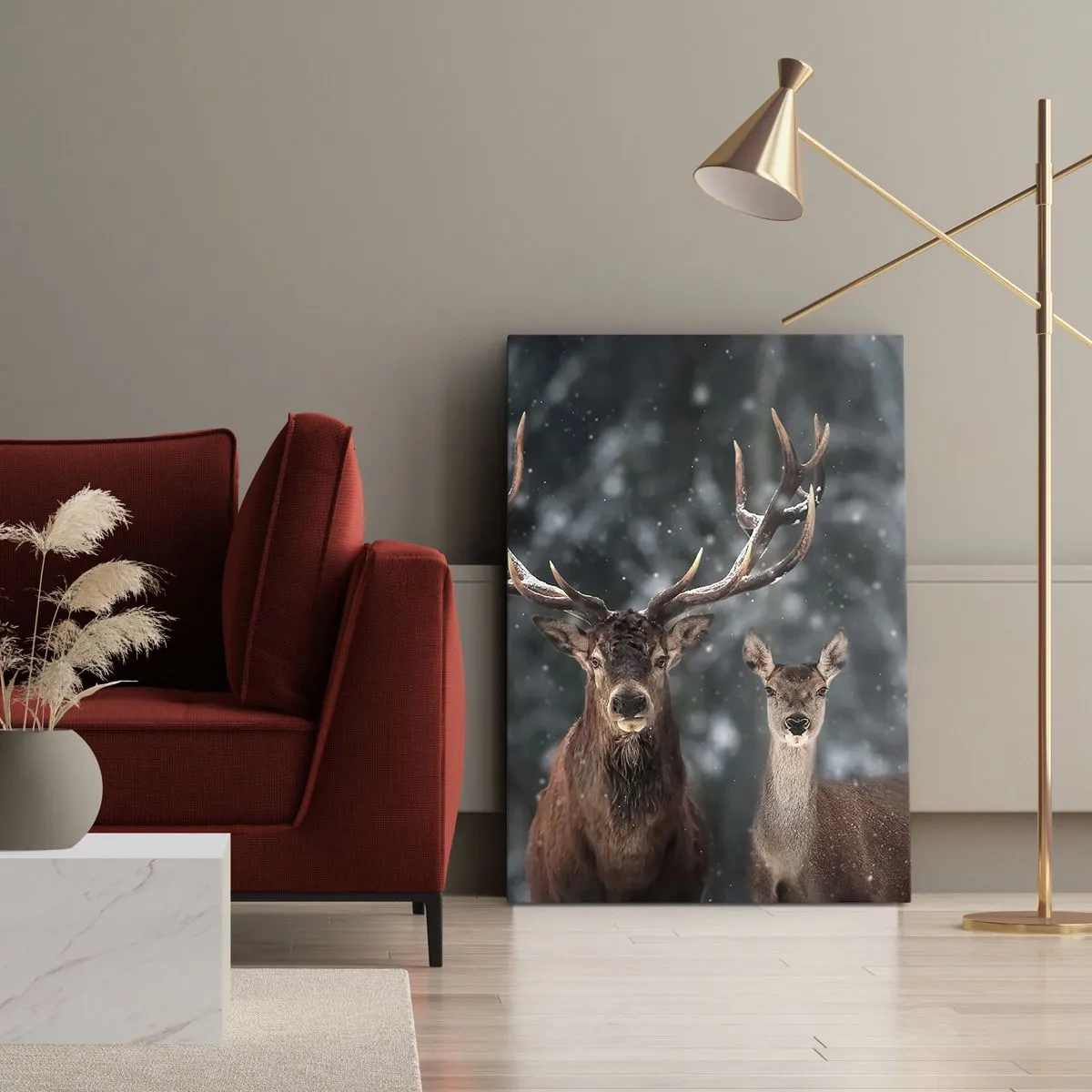 Impression sur toile - Image sur toile - Cerf dans une forêt d'hiver enneigée - 70x100cm - Le roi de la forêt avec sa femme - Décoration murale moderne pour le salon et la chambre ARTTOR