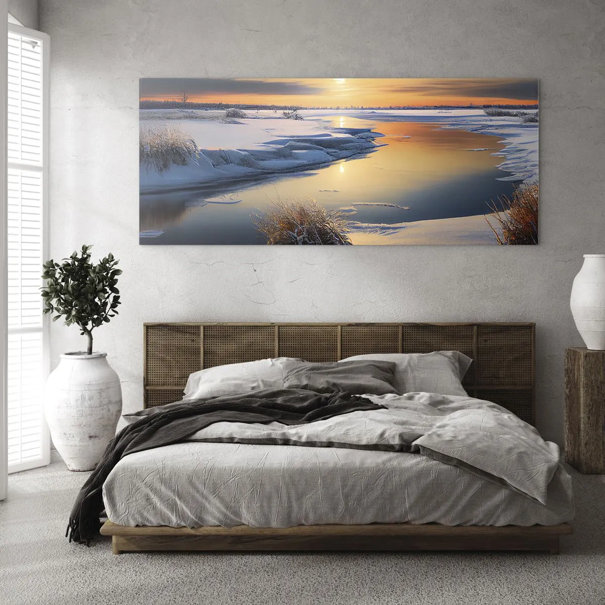 Impression sur verre - Image sur verre - Paysage d'hiver avec une rivière au coucher du soleil - 120x50cm - Coucher de soleil d'hiver - Décoration murale moderne pour le salon et la chambre ARTTOR