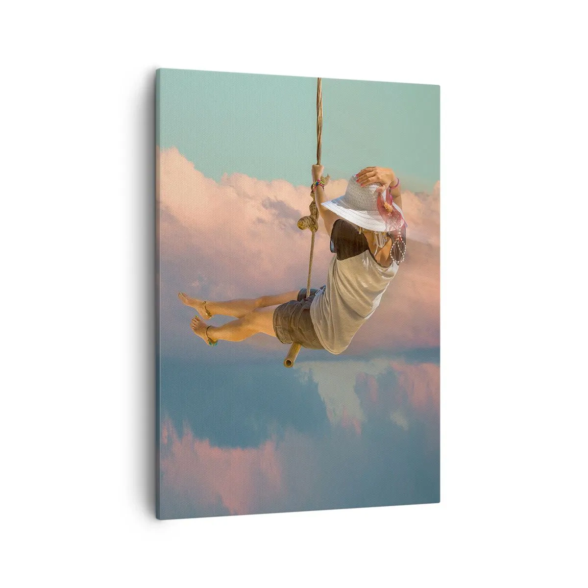 Impression sur toile - Image sur toile - Femme sur une balançoire parmi les nuages roses - 50x70cm - S'amuser dans les nuages - Décoration murale moderne pour le salon et la chambre ARTTOR