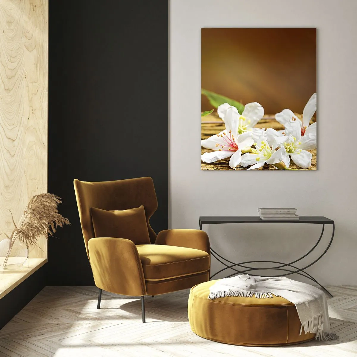 Impression sur verre - Image sur verre - Fleurs blanches sur fond de bois à la lumière naturelle - 70x100cm - Une promesse innocente - Décoration murale moderne pour le salon et la chambre ARTTOR