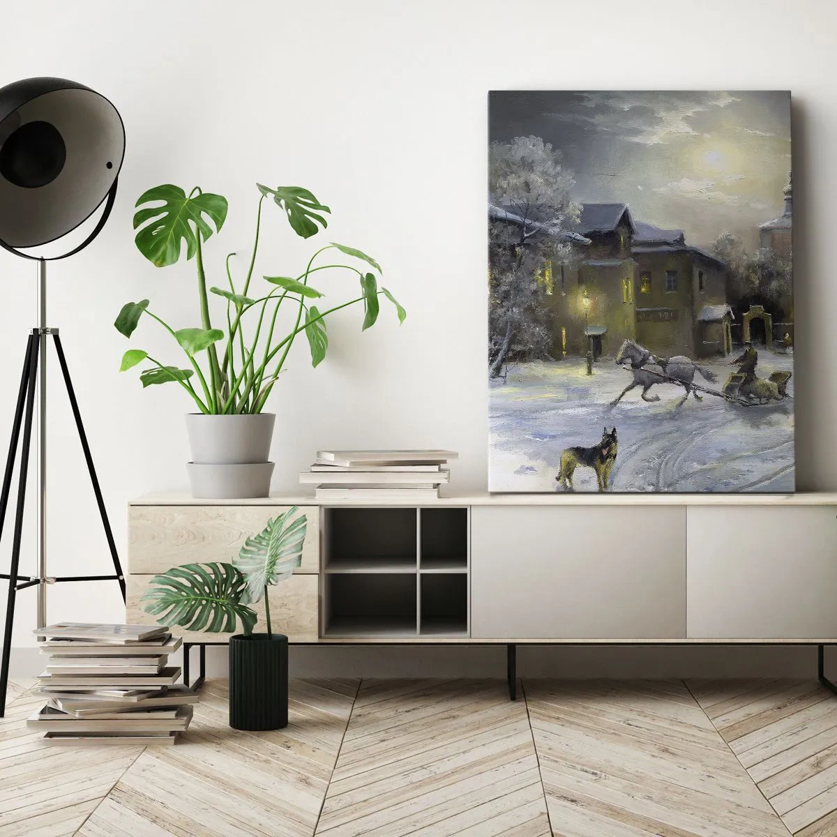Impression sur toile - Image sur toile - Paysage d'hiver dans une ville russe avec un traîneau et une église - 50x70cm - La magie de l'hiver russe - Décoration murale moderne pour le salon et la chambre ARTTOR