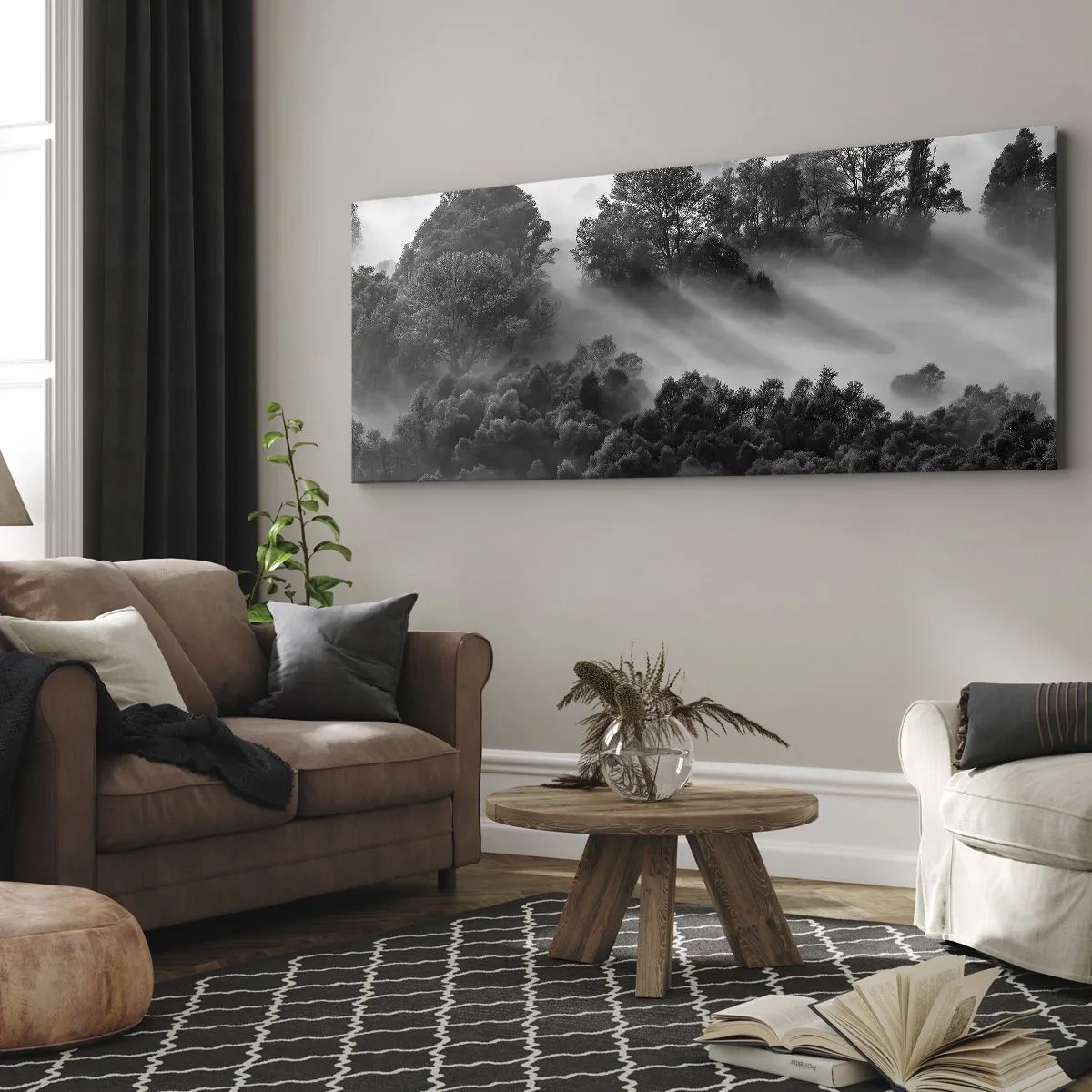 Impression sur toile - Image sur toile - Paysage forestier noir et blanc dans le brouillard du matin - 120x50cm - Sortir de son sommeil - Décoration murale moderne pour le salon et la chambre ARTTOR