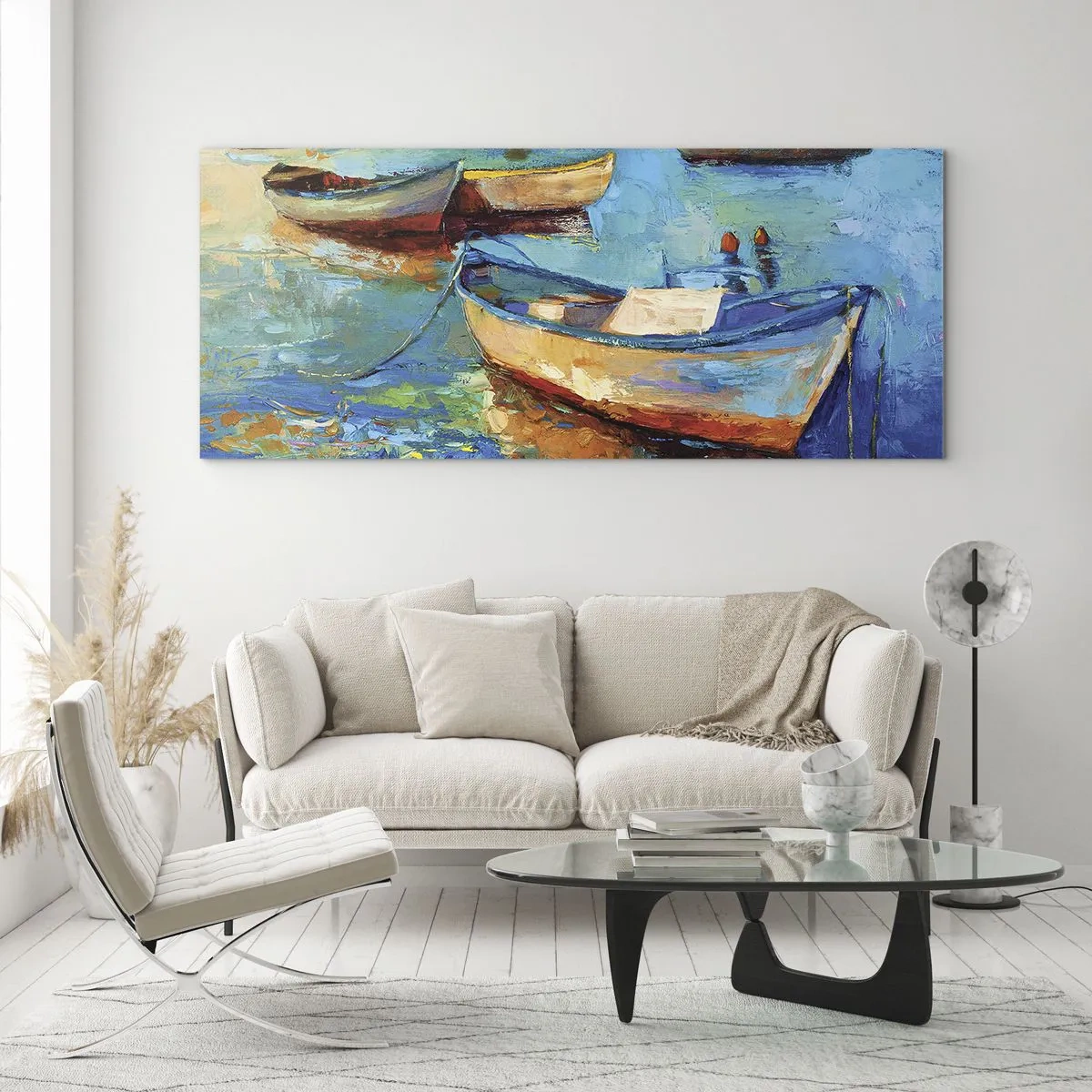 Impression sur verre - Image sur verre - Bateaux colorés amarrés sur une eau calme - 120x50cm - Dans la baie du sud - Décoration murale moderne pour le salon et la chambre ARTTOR