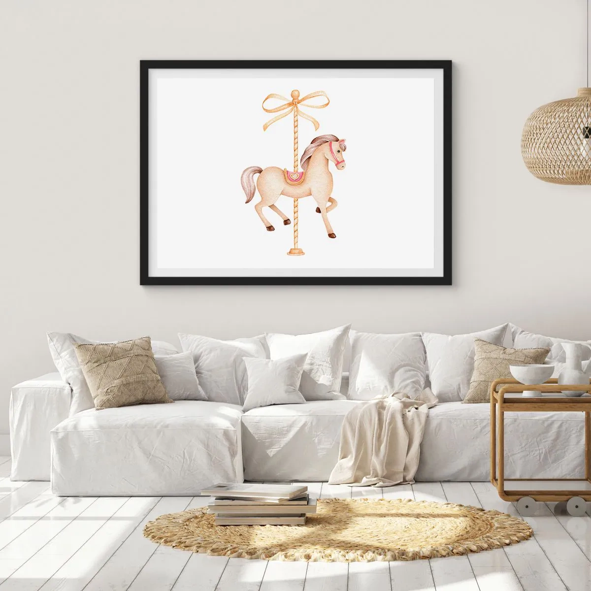 Affiche dans un cadre noir - Poster - Un cheval de carrousel avec un arc dans des pastels délicats - 70x50cm - Un trot gracieux - Décoration murale moderne pour le salon et la chambre ARTTOR
