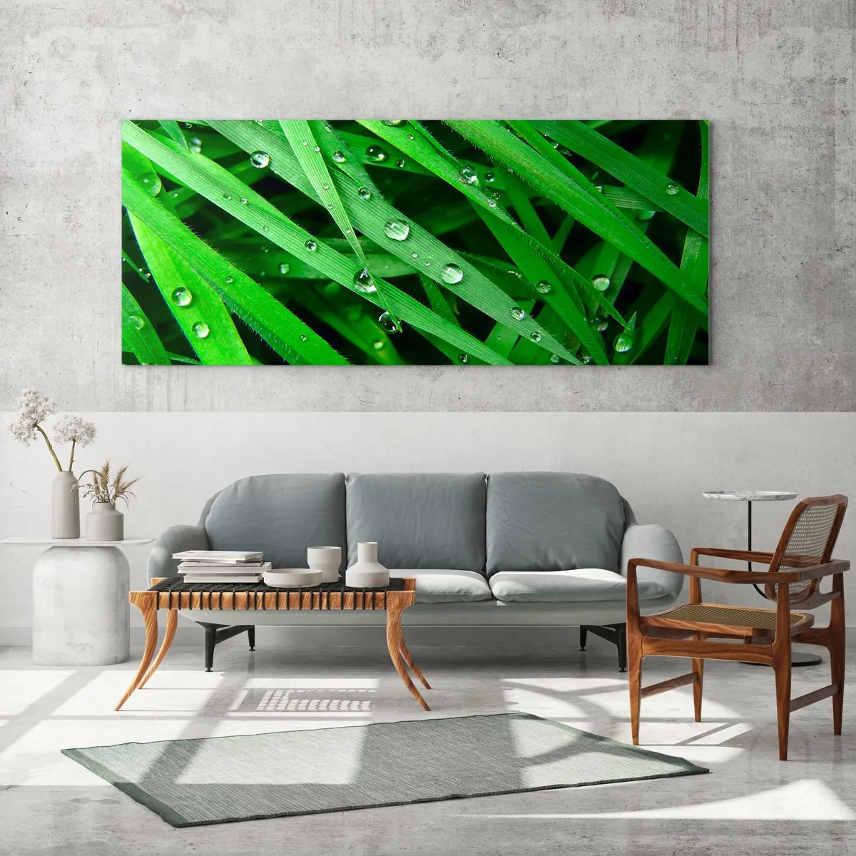 Impression sur verre - Image sur verre - Gros plan de brins d'herbe verte avec des gouttes de rosée - 140x50cm - Jouez dans le vert - Décoration murale moderne pour le salon et la chambre ARTTOR
