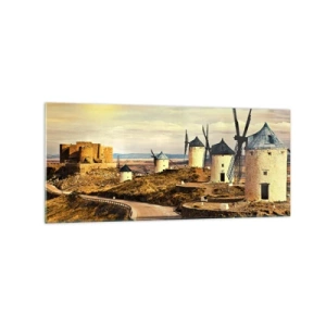 Impression sur verre - Image sur verre - Moulins à vent sur les collines avec un château historique en arrière-plan - 120x50cm - Don Quichotte est sur le point d'arriver - Décoration murale moderne pour le salon et la chambre ARTTOR
