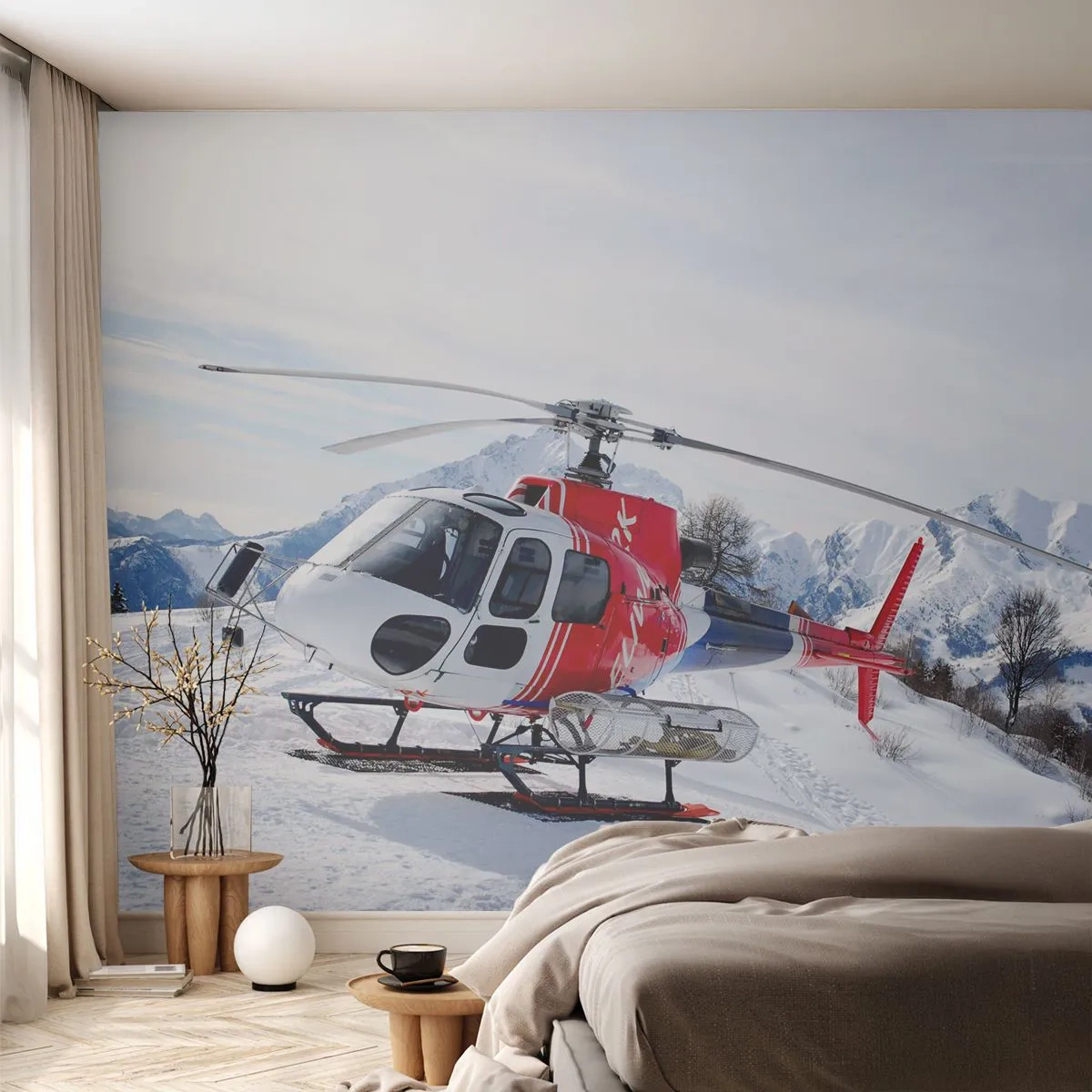 Papier Peint Photo Premium Canvas - Toujours prêt - Hélicoptère, Paysage, Alpes - 250x175 cm