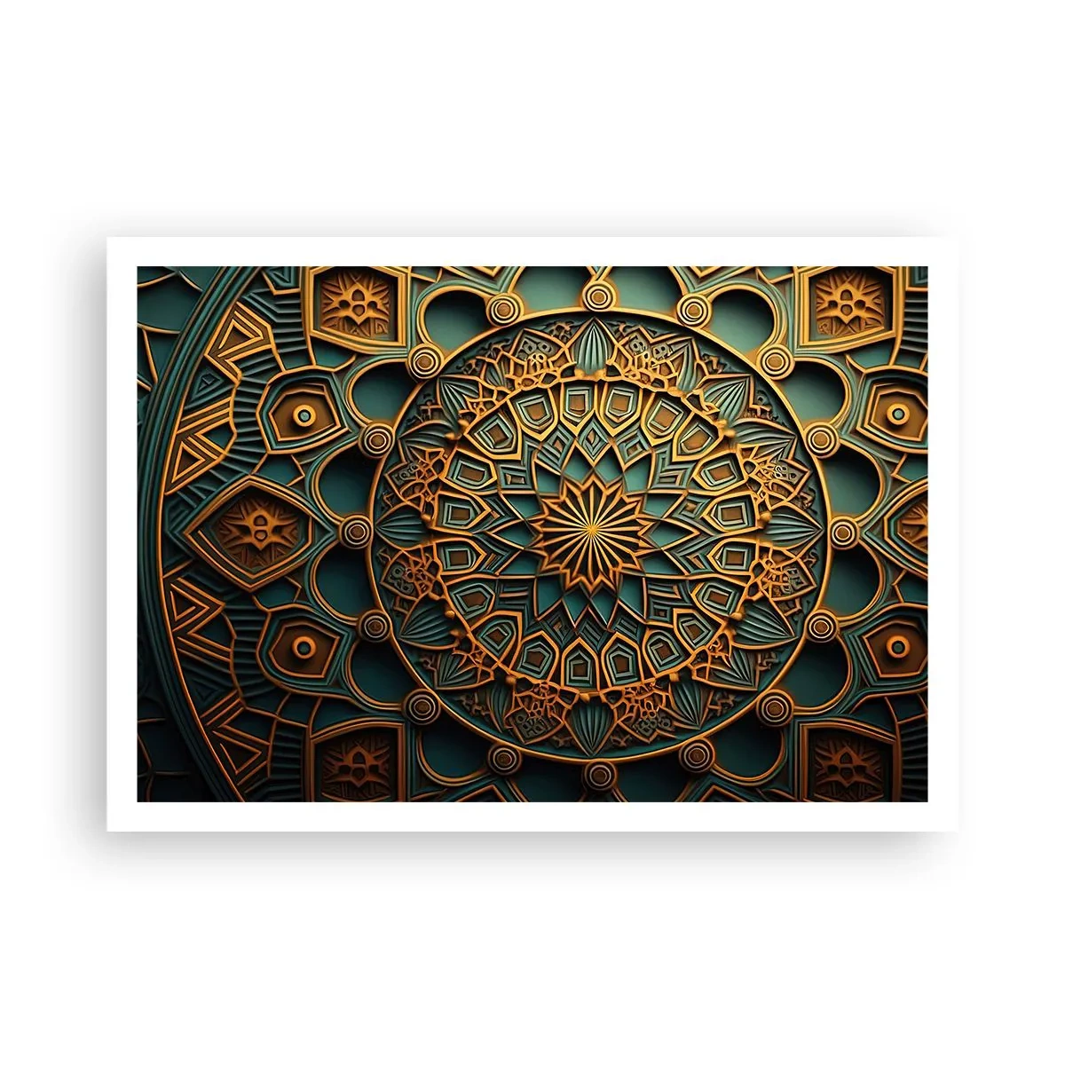 Affiche - Poster - Un mandala doré sur fond turquoise avec des détails riches. - 100x70cm - Dans une ambiance arabe - Décoration murale moderne pour le salon et la chambre ARTTOR