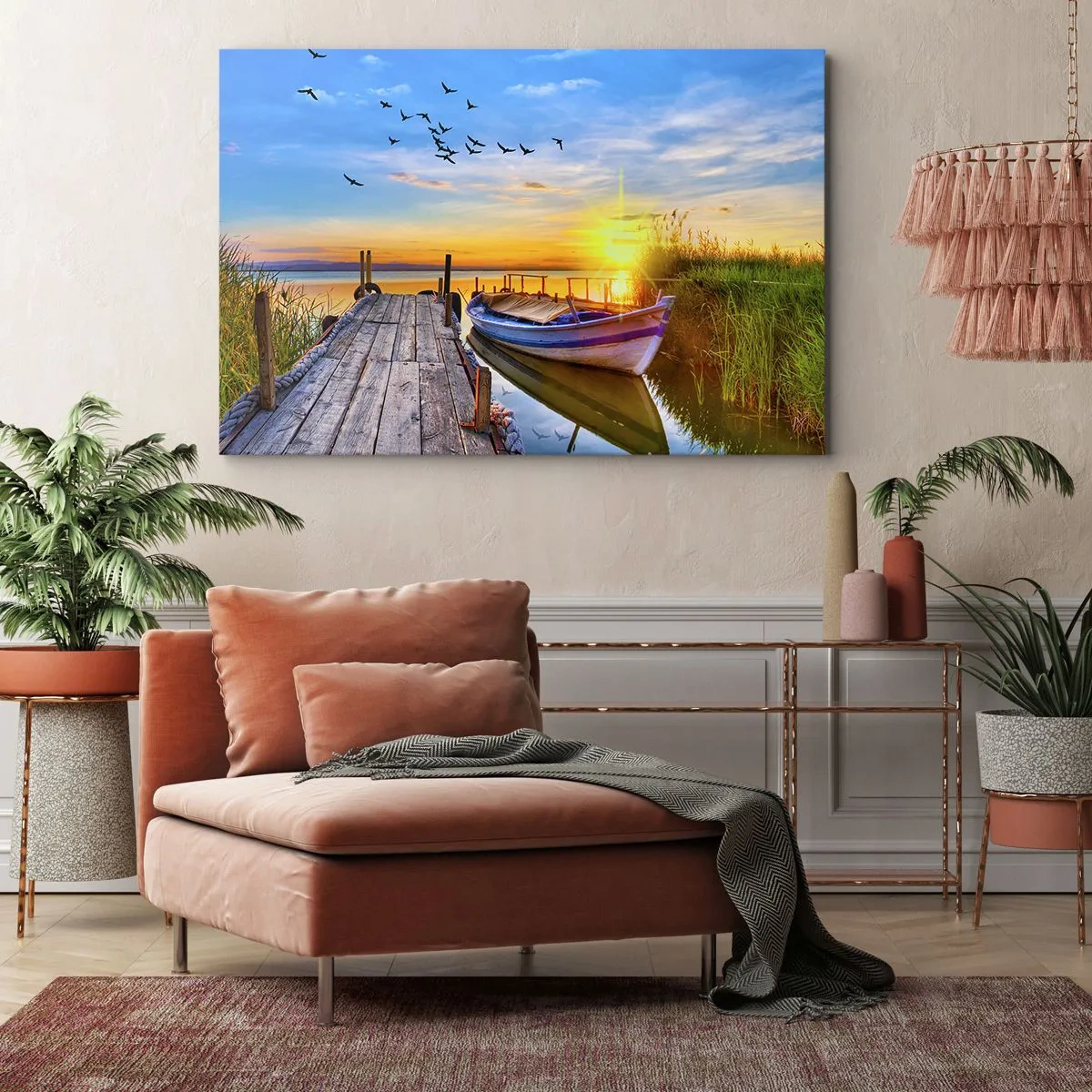 Impression sur toile - Image sur toile - Un bateau sur une jetée en bois au coucher du soleil - 100x70cm - Au revoir, à demain - Décoration murale moderne pour le salon et la chambre ARTTOR