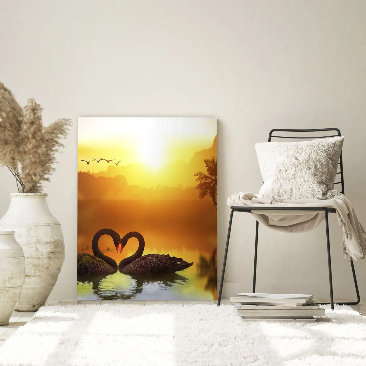 Impression sur verre - Image sur verre - Deux cygnes noirs formant un cœur sur fond de coucher de soleil sur un lac - 70x100cm - Tout va ensemble - Décoration murale moderne pour le salon et la chambre ARTTOR