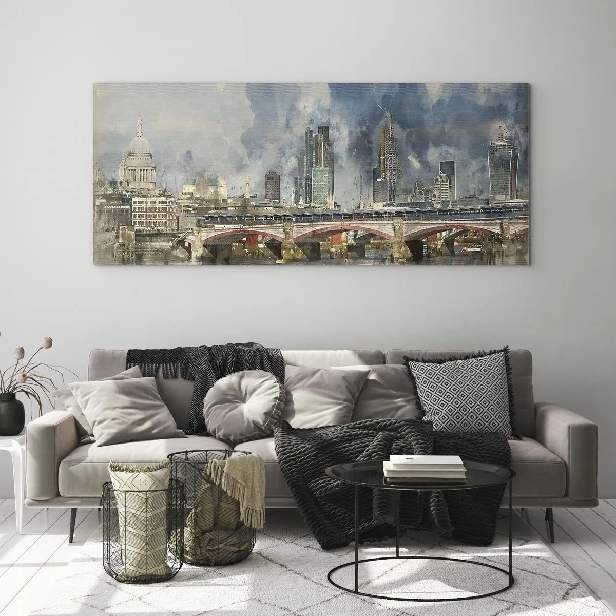 Impression sur verre - Image sur verre - Vue à l'aquarelle du pont et des toits de la ville - 140x50cm - Londres dans toute sa splendeur - Décoration murale moderne pour le salon et la chambre ARTTOR