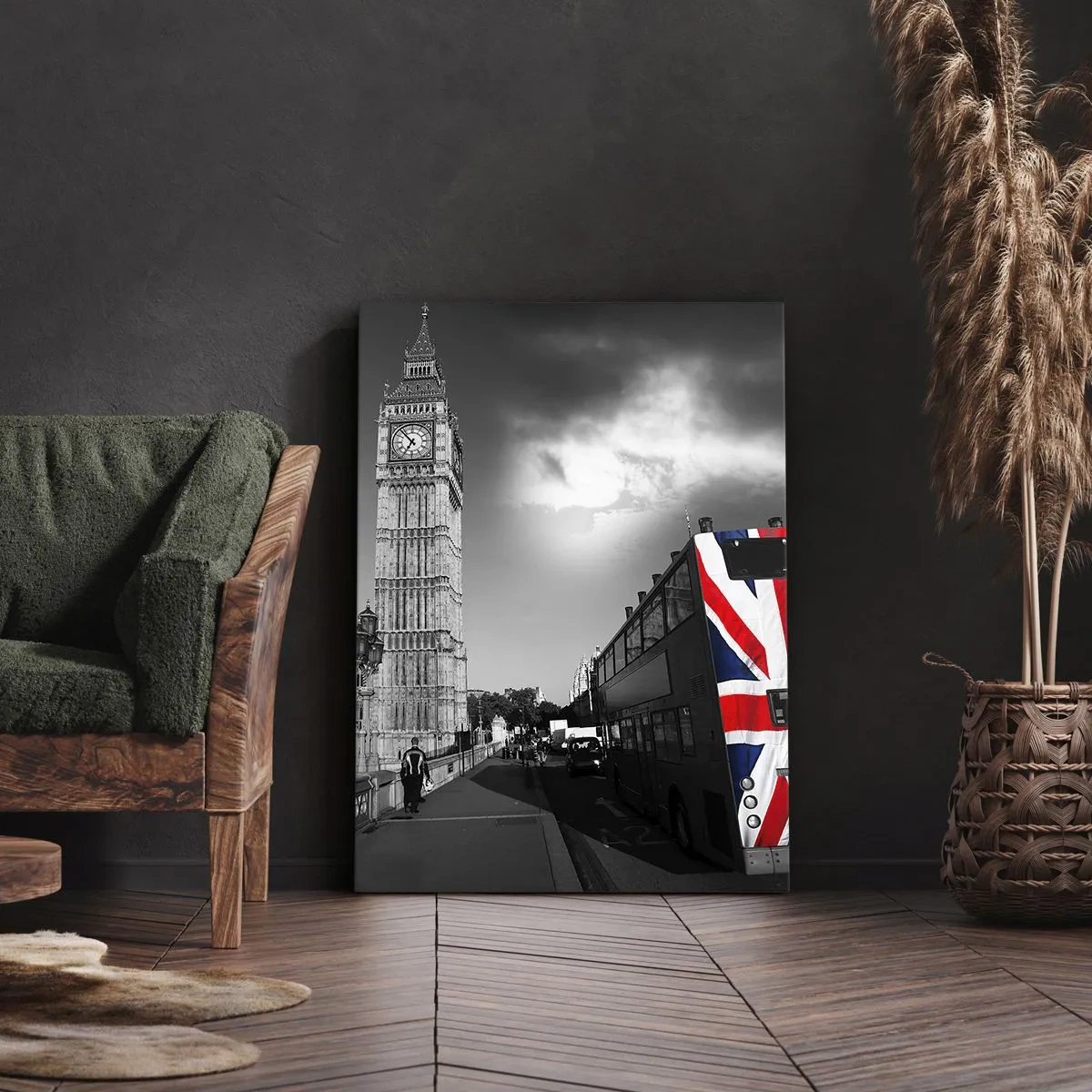 Impression sur toile - Image sur toile - Big Ben et un bus avec un drapeau britannique sur fond noir et blanc - 50x70cm - Fière et grande - Décoration murale moderne pour le salon et la chambre ARTTOR