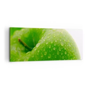 Impression sur toile - Image sur toile - Gros plan d'une pomme verte avec des gouttes d'eau - 120x50cm - Fraîcheur de verdure fraîche - Décoration murale moderne pour le salon et la chambre ARTTOR