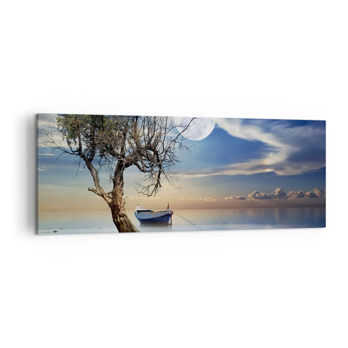 Impression sur toile - Image sur toile - Un arbre solitaire et un bateau sur une eau calme sous la pleine lune. - 140x50cm - Est-ce la fin ou le début ? - Décoration murale moderne pour le salon et la chambre ARTTOR