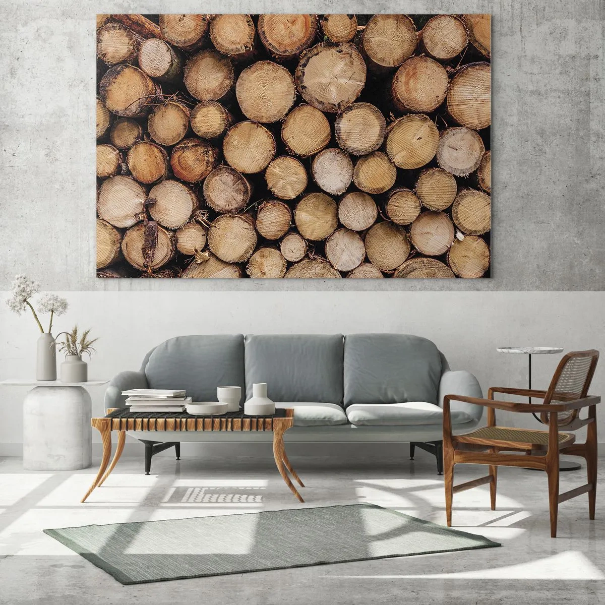 Impression sur verre - Image sur verre - Des tas de troncs d'arbres abattus disposés en harmonie - 120x50cm - Nouveau commencement - Décoration murale moderne pour le salon et la chambre ARTTOR