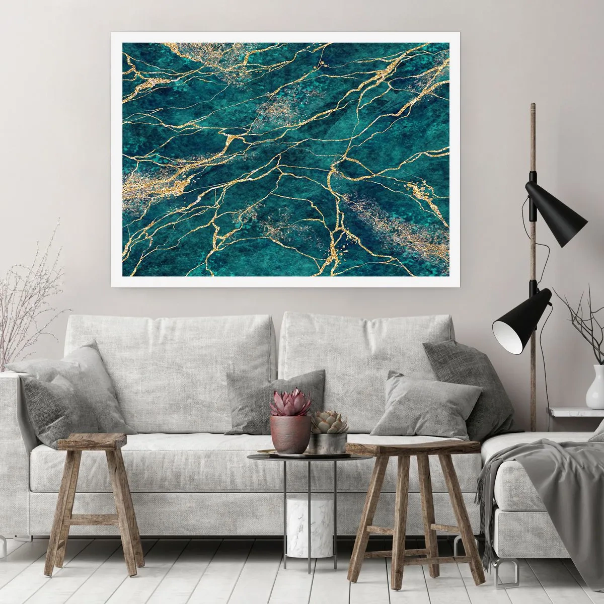 Affiche - Poster - Motif de marbre texturé dans des tons turquoise et or - 100x70cm - Mine d'or - Décoration murale moderne pour le salon et la chambre ARTTOR