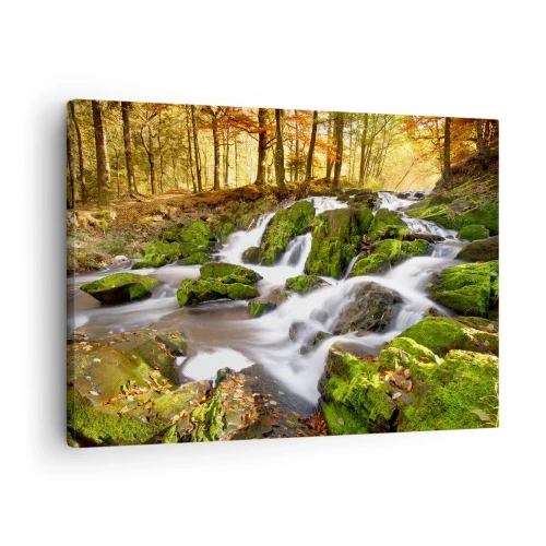 Impression sur toile - Image sur toile - Un paysage boisé avec une cascade entourée de mousse - 70x50cm - Rapidement à travers la forêt d'automne - Décoration murale moderne pour le salon et la chambre ARTTOR