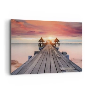 Impression sur toile - Image sur toile - Jetée en bois menant aux belvédères au coucher du soleil - 100x70cm - L'Ouest à l'Est - Décoration murale moderne pour le salon et la chambre ARTTOR