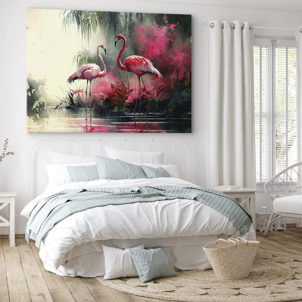 Impression sur toile - Image sur toile - Flamants roses au bord de l'eau entourés de végétation - 70x50cm - Une leçon de grâce naturelle - Décoration murale moderne pour le salon et la chambre ARTTOR