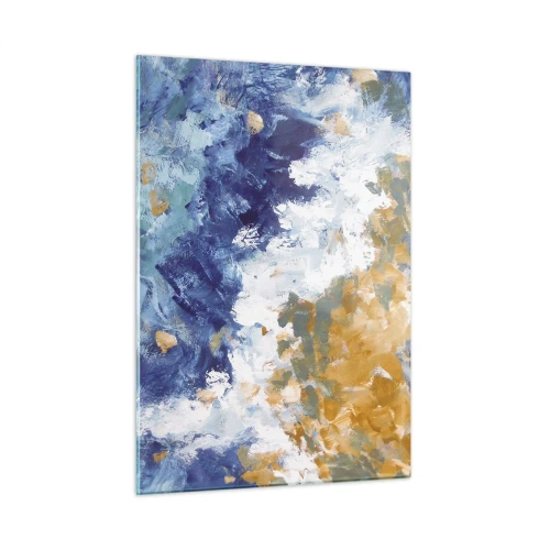 Impression sur verre - Image sur verre - Coups de peinture abstraits en bleu, blanc et or - 50x70cm - Danse des éléments - Décoration murale moderne pour le salon et la chambre ARTTOR