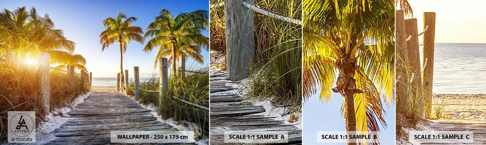 Échantillon de Papier Peint Autocollant Deluxe Sticker - Directement au paradis - Paysage, Cocotier, Plage - 100x30 cm