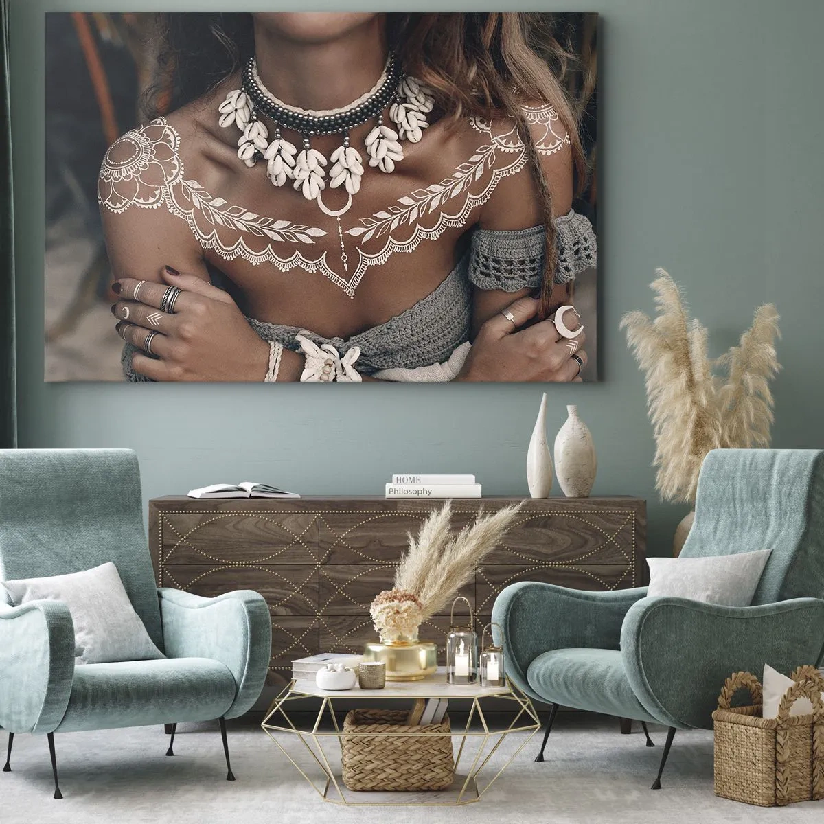Impression sur toile - Image sur toile - Style bohème avec bijoux coquillages et motif dentelle - 70x50cm - Talismans, rituels de la féminité - Décoration murale moderne pour le salon et la chambre ARTTOR
