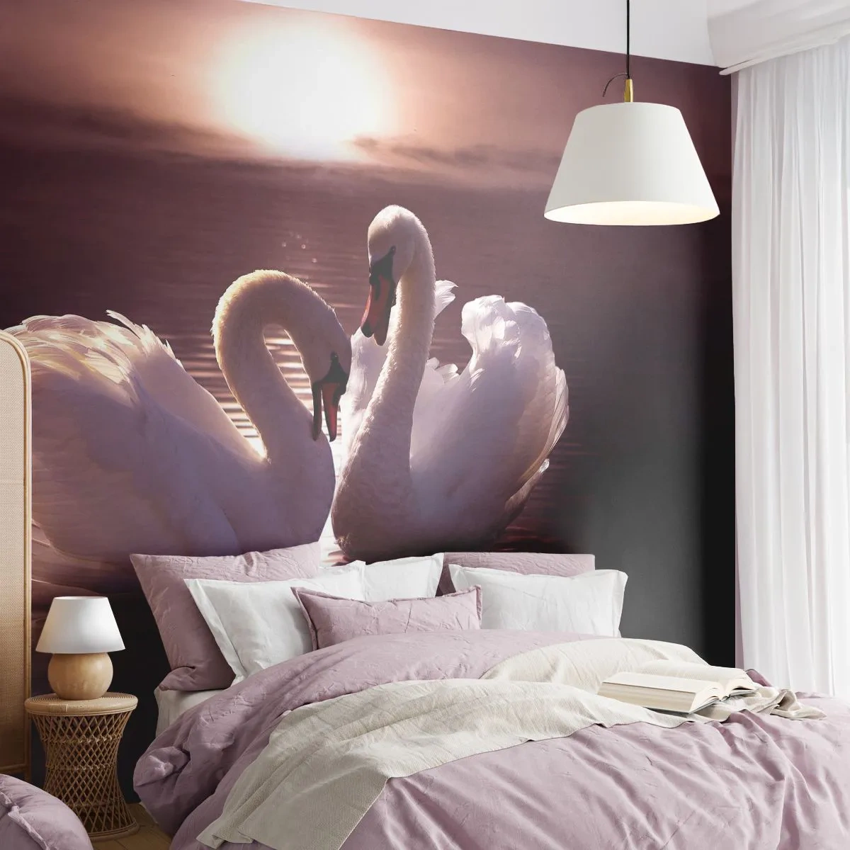 Papier Peint Photo Premium Canvas - Deux cygnes sur un lac calme au coucher du soleil - 100x70cm - Jusqu'à ce que la mort nous sépare - Décoration murale moderne pour le salon et la chambre ARTTOR