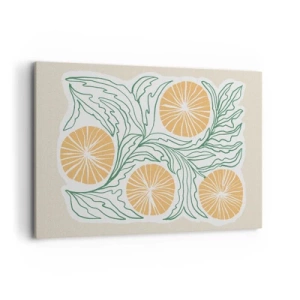 Impression sur toile - Image sur toile - Un motif orange minimaliste avec des feuilles vertes - 120x80cm - Ethnique avec une pointe d'abstraction - Décoration murale moderne pour le salon et la chambre ARTTOR