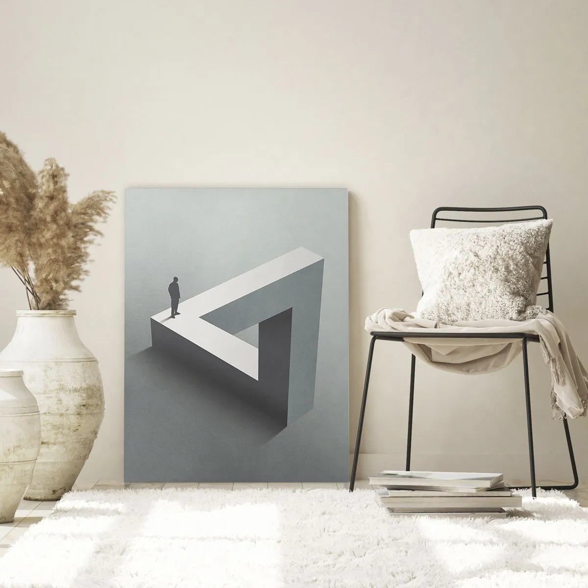 Impression sur verre - Image sur verre - Une figure debout sur un triangle de Penrose dans des tons de gris. - 70x100cm - Mais c'est possible - Décoration murale moderne pour le salon et la chambre ARTTOR