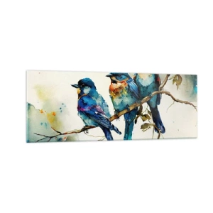 Impression sur verre - Image sur verre - Trois oiseaux colorés sur une branche dans un style aquarelle - 140x50cm - A-t-il été offensé ? - Décoration murale moderne pour le salon et la chambre ARTTOR