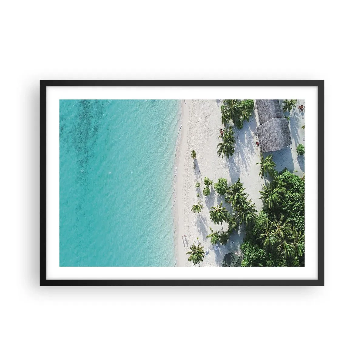 Affiche dans un cadre noir - Poster - Vue plongeante sur une plage tropicale avec de l'eau turquoise et des palmiers - 70x50cm - Vacances au paradis - Décoration murale moderne pour le salon et la chambre ARTTOR