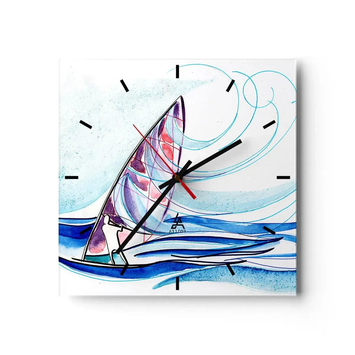 Horloge murale - Pendule murale - Un surfeur chevauchant les vagues dans une composition abstraite à l'aquarelle - 30x30cm - Avec le vent au rythme des vagues - Décoration murale moderne pour le salon et la chambre ARTTOR
