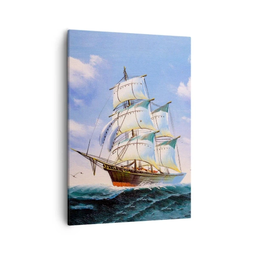 Impression sur toile - Image sur toile - Un voilier en pleine mer sous un ciel bleu - 50x70cm - Fièrement avec le vent - Décoration murale moderne pour le salon et la chambre ARTTOR