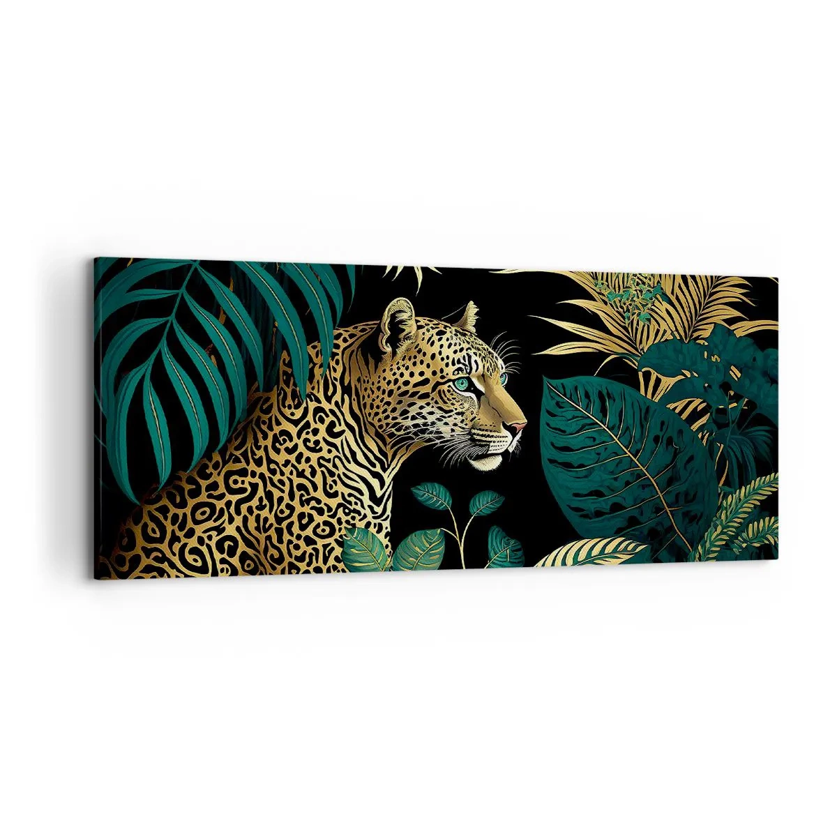 Impression sur toile - Image sur toile - Léopard dans des feuilles tropicales sur fond noir - 120x50cm - Un hôte dans la jungle - Décoration murale moderne pour le salon et la chambre ARTTOR