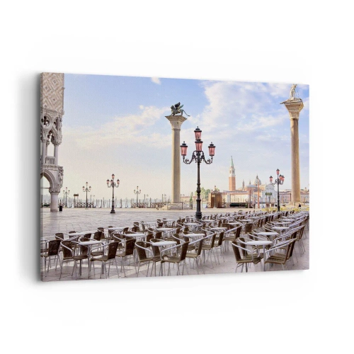 Impression sur toile - Image sur toile - Venise, vue de la place avec des colonnes et des tables de café - 120x80cm - Nous vous invitons, tout est prêt - Décoration murale moderne pour le salon et la chambre ARTTOR
