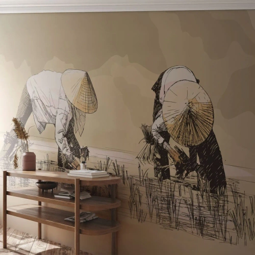 Papier Peint Autocollant Deluxe Sticker - Récolte réussie - Asie, Plantation de riz, Rizière - 200x140 cm