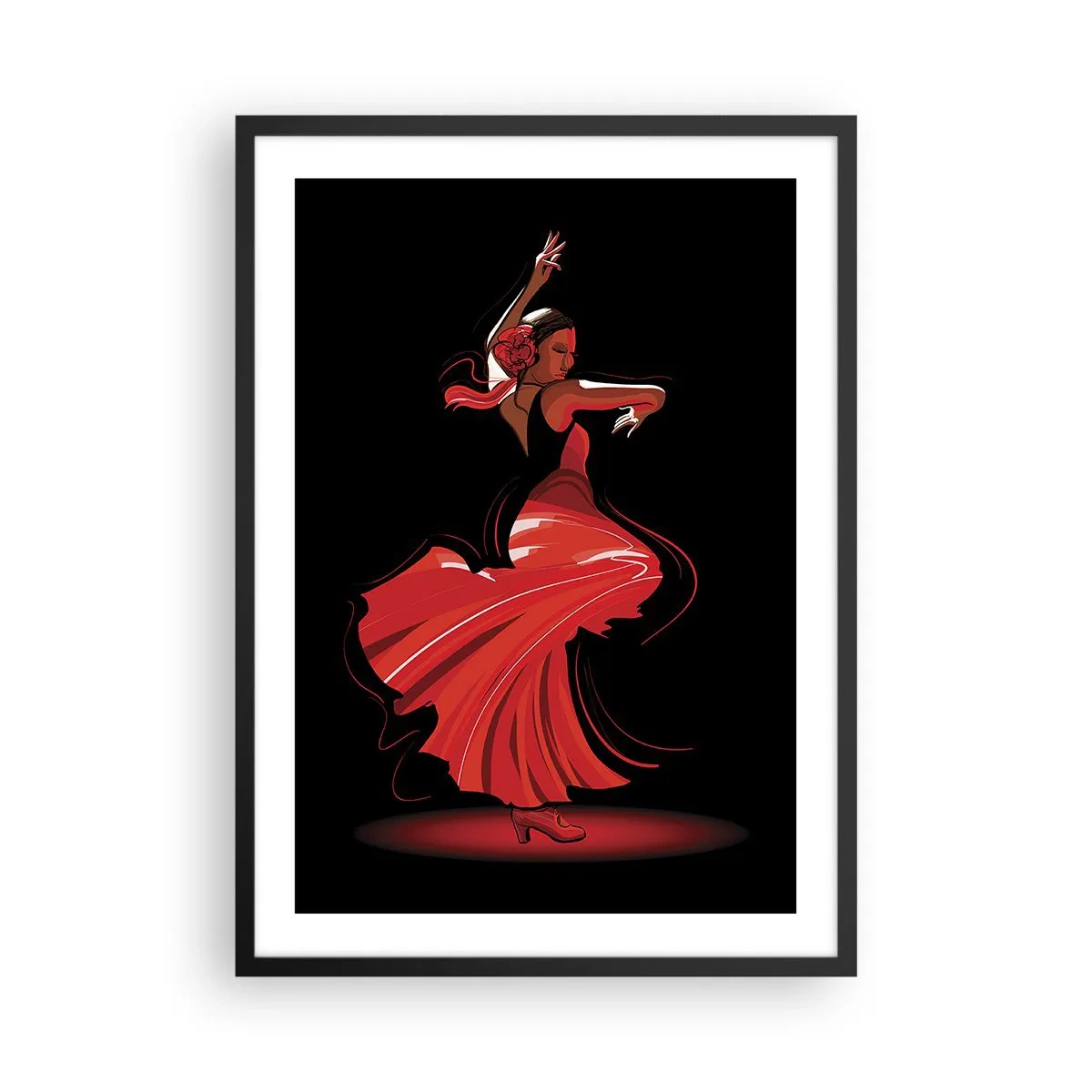 Affiche dans un cadre noir - Poster - Danseuse de flamenco en robe rouge sur fond noir - 50x70cm - L'esprit fougueux du flamenco - Décoration murale moderne pour le salon et la chambre ARTTOR