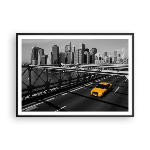 Affiche dans un cadre noir - Poster - Taxi jaune sur un pont avec vue sur les toits de New York - 100x70cm - Couleur de la grande ville - Décoration murale moderne pour le salon et la chambre ARTTOR