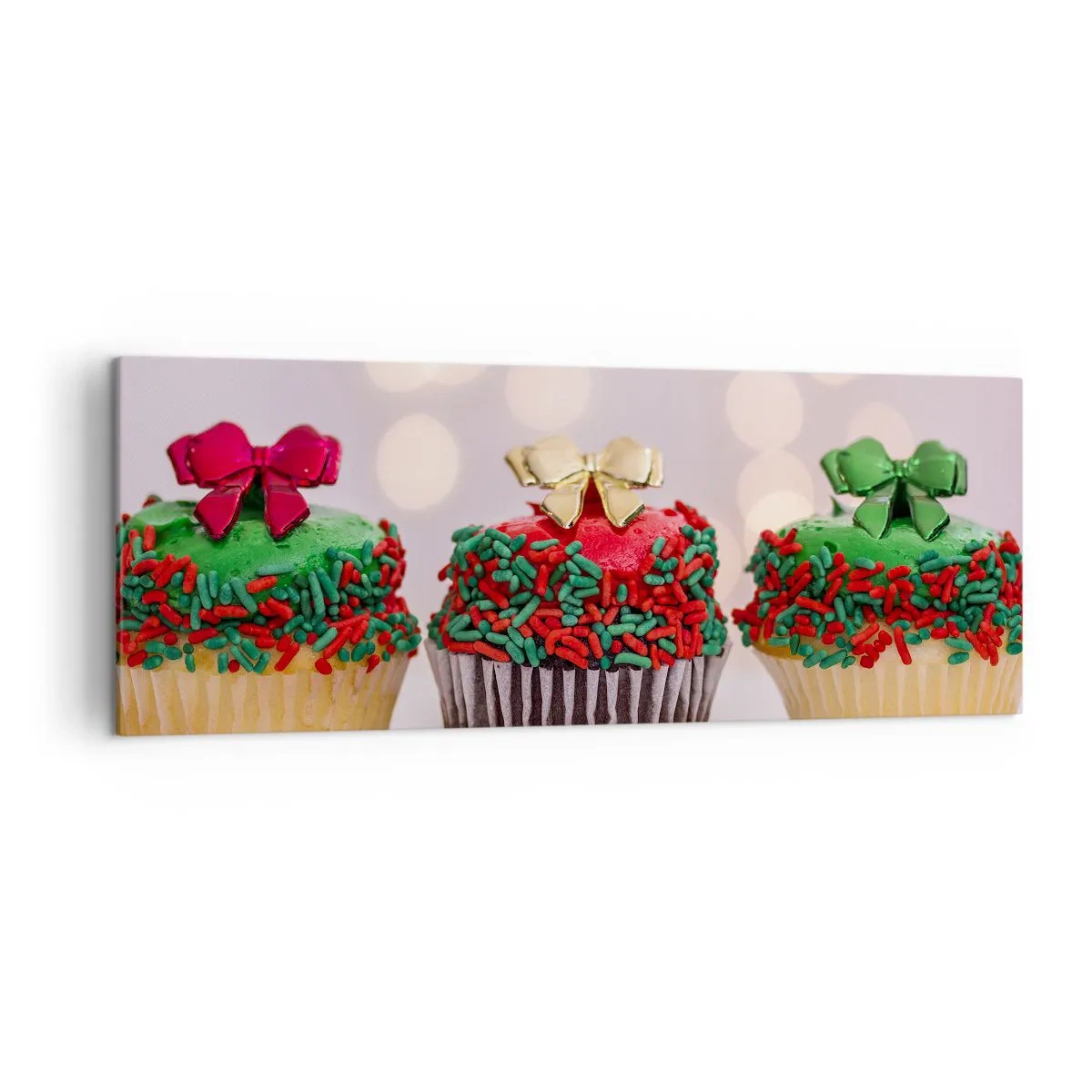 Impression sur toile - Image sur toile - Cupcakes de Noël avec des paillettes et des nœuds colorés - 140x50cm - Une sucrerie après la cocarde - Décoration murale moderne pour le salon et la chambre ARTTOR